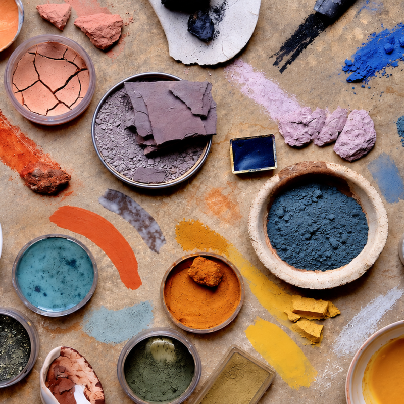 Pigmentos minerales y tierras de distintos colores preparados para elaborar pinturas naturales.