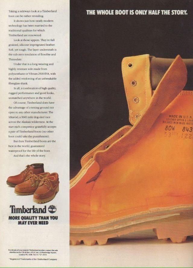 Anuncio de Timberland de los años ochenta muestra una bota de trabajo abierta para destacar su cuero, aislamiento y suela resistente.