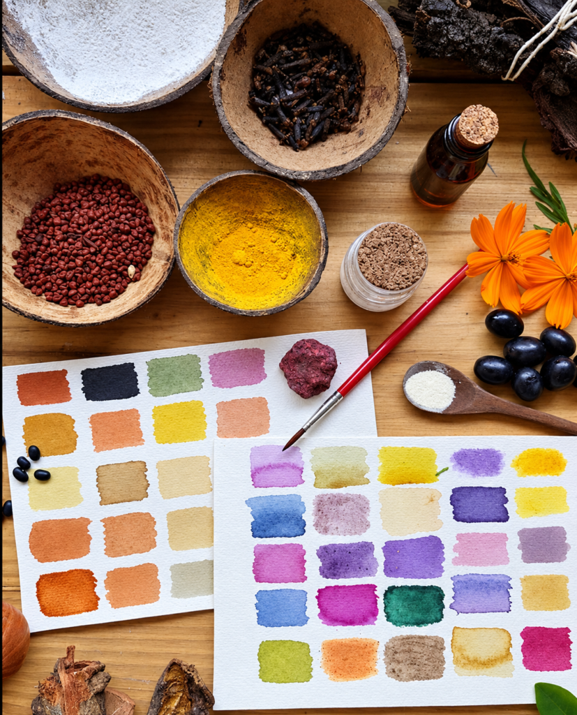 Muestras de pinturas naturales junto a pigmentos, semillas, flores y frutos sobre una mesa de trabajo.