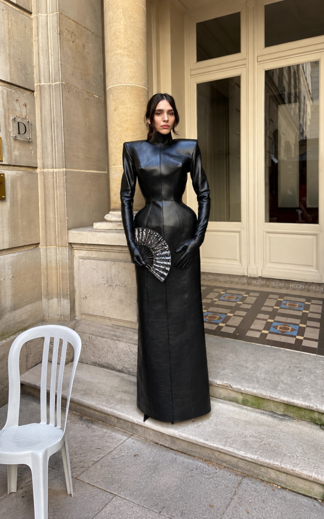 Mujer con vestido negro largo de acabado brillante, hombros estructurados y abanico posa frente a un edificio clásico.