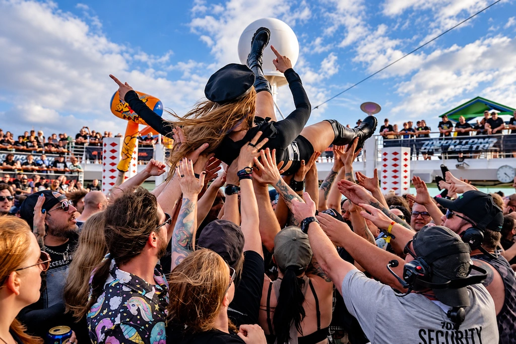 Una asistente hace crowd surfing sostenida por el público durante un concierto de 70000 TONS OF METAL en la cubierta del crucero.