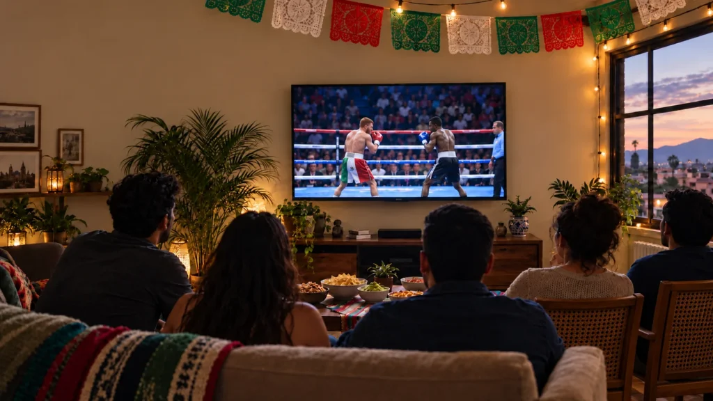 Un grupo de amigos disfruta una pelea de boxeo por televisión en una sala decorada con papel picado y acompañada de botanas.