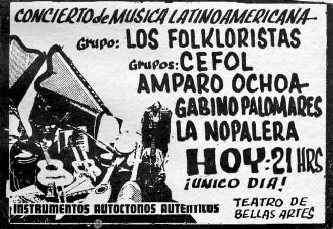 Cartel de un concierto en Bellas Artes con Los Folkloristas, Amparo Ochoa, Gabino Palomares y La Nopalera, e instrumentos musicales.