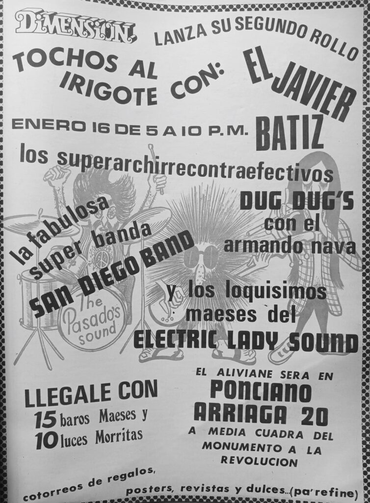 Cartel de Dimensión con Javier Bátiz, Dug Dug’s, San Diego Band y Electric Lady Sound, acompañado de caricaturas de músicos.