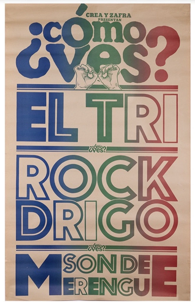 Cartel de ¿Cómo ves?, de Paul Leduc, con letras azules, verdes y rojas y los nombres de El Tri, Rockdrigo y Sonido Merengue.