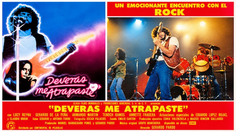 Material promocional de Deveras me atrapaste, de Gerardo Pardo, con músicos tocando en un escenario y los créditos de la película.