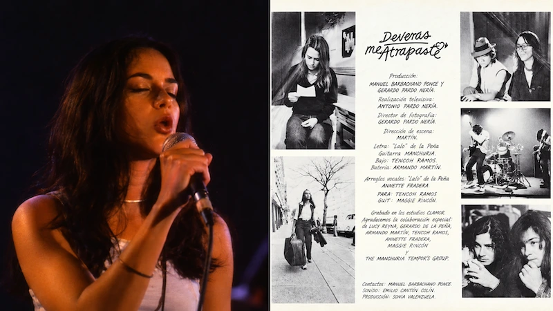 Composición con una mujer cantando al micrófono y material gráfico de Deveras me atrapaste, con fotografías y créditos de la película.