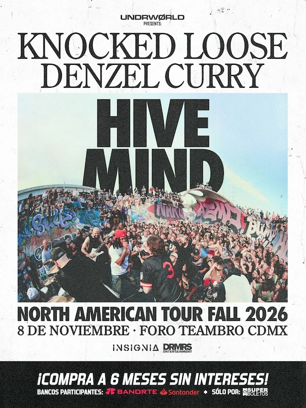 Cartel de Knocked Loose y Denzel Curry: Hive Mind Tour, 8 de noviembre de 2026 en Foro Teambro, Ciudad de México.