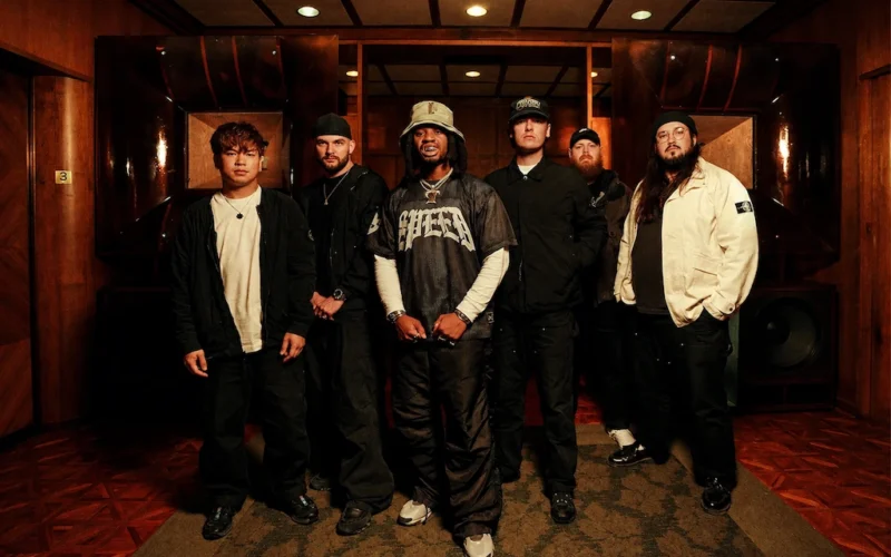 Knocked Loose y Denzel Curry posan juntos en un interior con paneles de madera y grandes altavoces.
