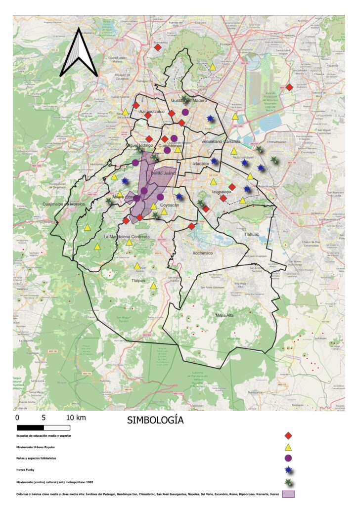 Mapa de la Ciudad de México con escuelas, zonas del Movimiento Urbano Popular, peñas, hoyos funky y espacios contraculturales.