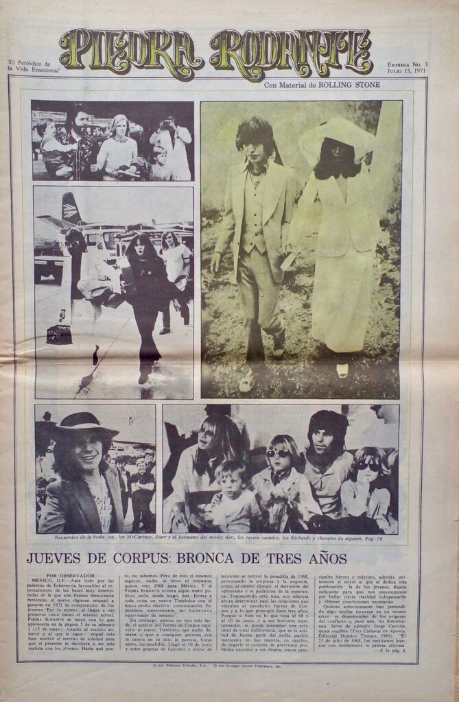 Primera plana de Piedra Rodante del 15 de julio de 1971, con fotografías de una boda y el titular sobre el Jueves de Corpus.