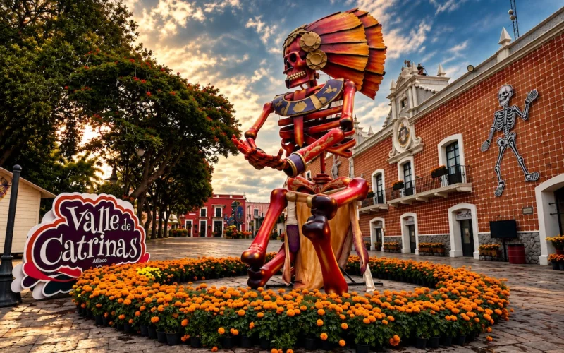 Figura esquelética monumental con penacho, rodeada de cempasúchil, en el Valle de Catrinas de Atlixco, Puebla, al atardecer.