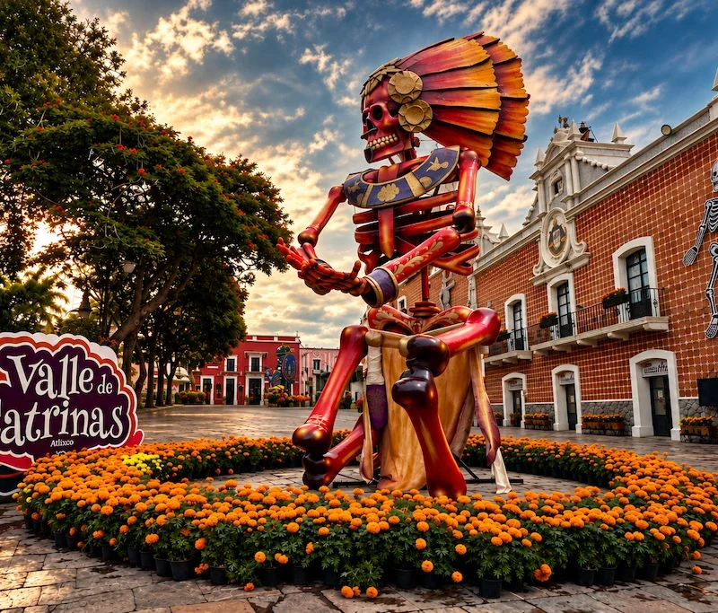 Figura esquelética monumental con penacho, rodeada de cempasúchil, en el Valle de Catrinas de Atlixco, Puebla, al atardecer.